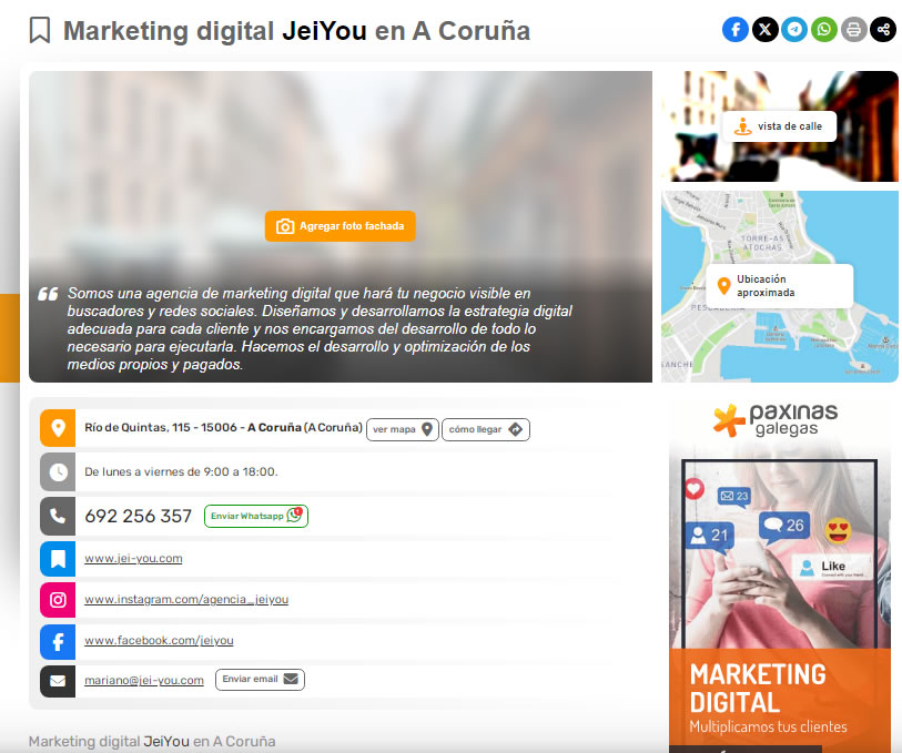 Ficha de jeiyou como una empresa de marketing digital en coruña